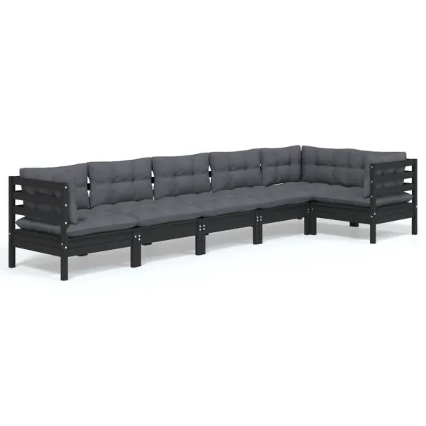 Set mobilier de grădină cu perne, 6 piese, negru, lemn de pin