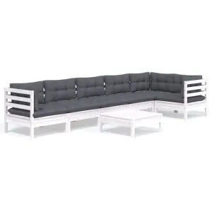 Set mobilier de grădină cu perne, 7 piese, alb, lemn de pin