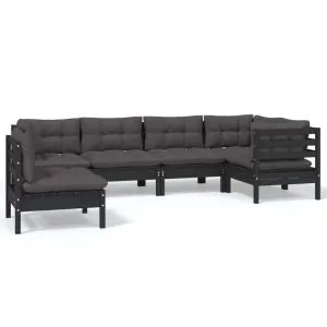 Set mobilier de grădină cu perne, 6 piese, negru, lemn de pin