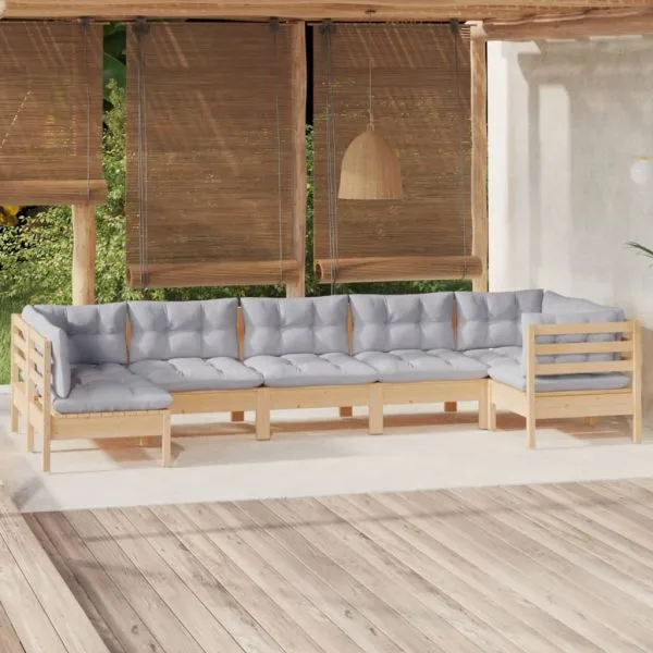Set mobilier grădină cu perne gri, 7 piese, lemn masiv de pin
