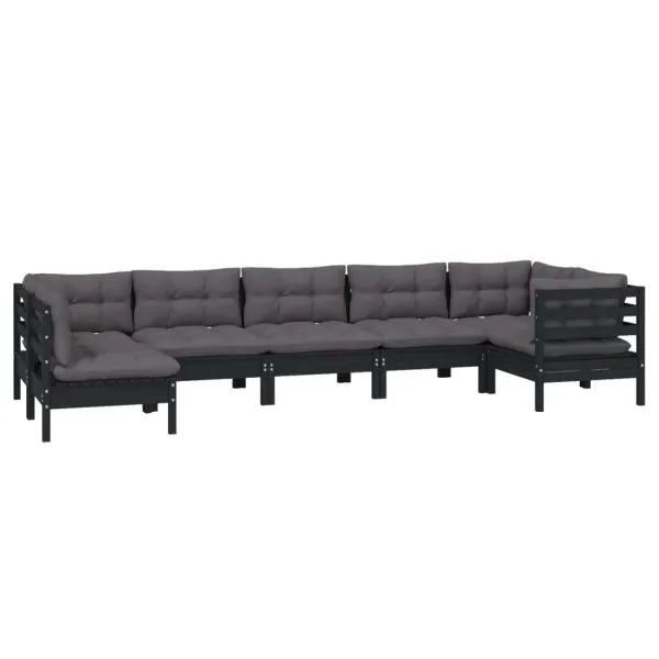 Set mobilier grădină cu perne, 7 piese, negru, lemn de pin