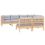 Set mobilier grădină cu perne gri, 7 piese, lemn masiv de pin