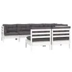 Set mobilier grădină cu perne, 7 piese, alb, lemn masiv de pin