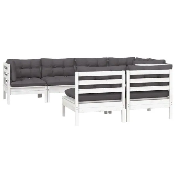 Set mobilier grădină cu perne, 7 piese, alb, lemn masiv de pin