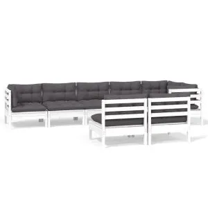 Set mobilier de grădină cu perne, 8 piese, alb, lemn masiv pin