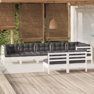 Set mobilier de grădină cu perne, 8 piese, alb, lemn masiv pin