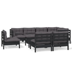 Set mobilier grădină cu perne, 9 piese, negru, lemn masiv pin