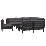 Set mobilier grădină cu perne, 9 piese, negru, lemn masiv pin