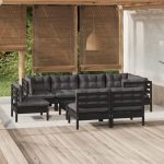 Set mobilier grădină cu perne, 9 piese, negru, lemn masiv pin
