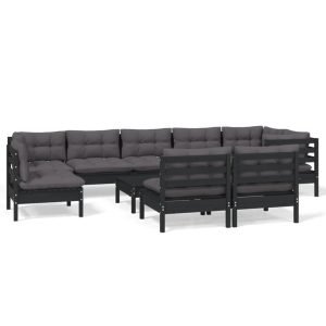 Set mobilier de grădină cu perne 10 piese negru lemn masiv pin