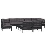 Set mobilier de grădină cu perne 10 piese negru lemn masiv pin