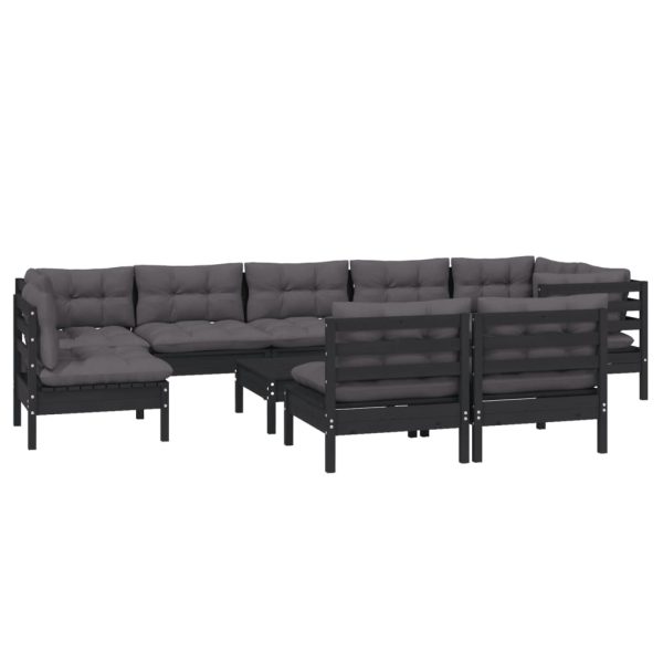 Set mobilier de grădină cu perne 10 piese negru lemn masiv pin