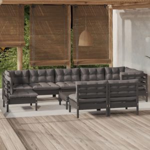 Set mobilier de grădină cu perne 10 piese negru lemn masiv pin