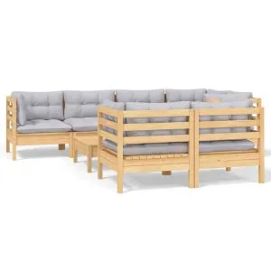 Set mobilier de grădină cu perne gri, 8 piese, lemn masiv pin