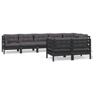 Set mobilier de grădină cu perne 8 piese negru lemn masiv pin