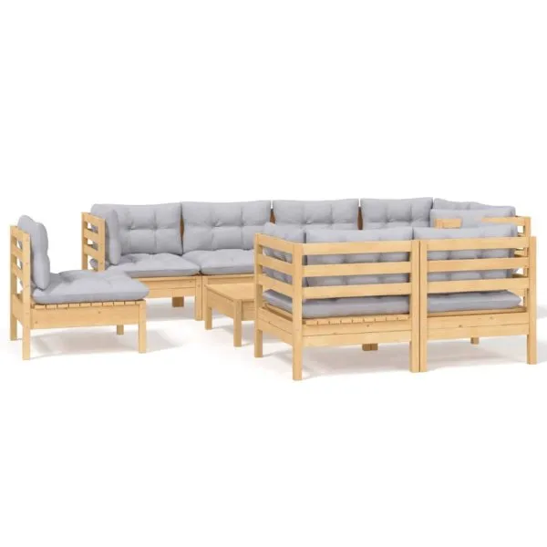 Set mobilier de grădină cu perne gri, 9 piese, lemn masiv pin