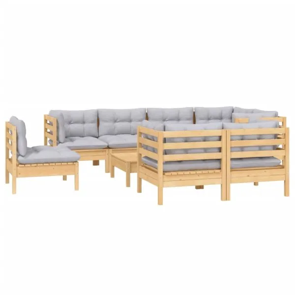 Set mobilier de grădină cu perne gri, 9 piese, lemn masiv pin