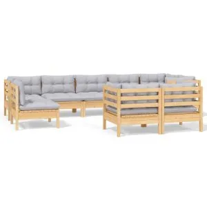 Set mobilier grădină cu perne, 9 piese, gri, lemn masiv pin