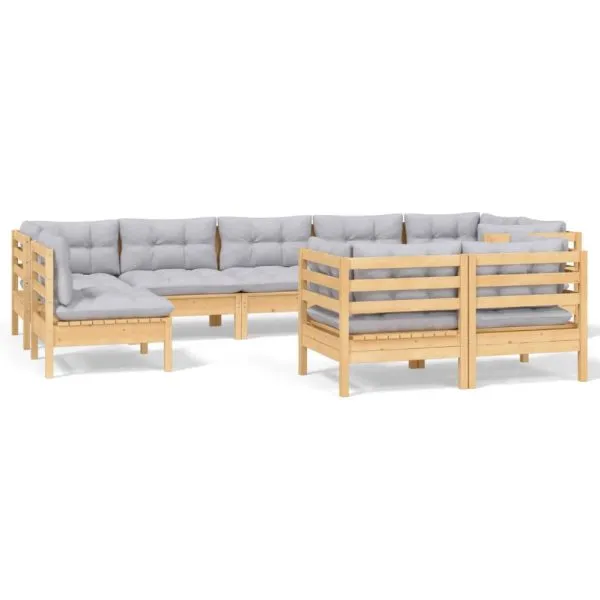 Set mobilier grădină cu perne, 9 piese, gri, lemn masiv pin
