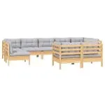 Set mobilier grădină cu perne, 9 piese, gri, lemn masiv pin