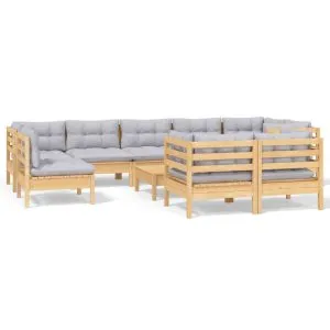 Set mobilier grădină cu perne, 10 piese, gri, lemn masiv pin