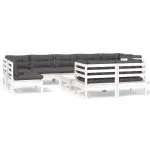 Set mobilier grădină cu perne, 10 piese, alb, lemn masiv pin