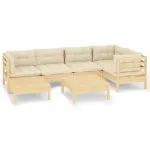 Set mobilier grădină cu perne crem, 7 piese, lemn masiv pin