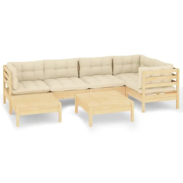 Set mobilier grădină cu perne crem, 7 piese, lemn masiv pin
