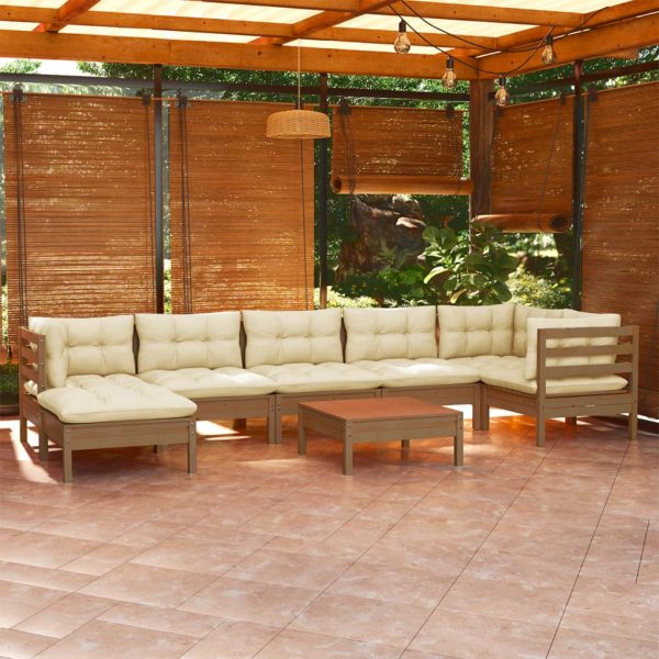 Set mobilier grădină cu perne, 8 piese, maro miere, lemn de pin