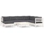 Set mobilier de grădină cu perne, 8 piese, alb, lemn masiv pin