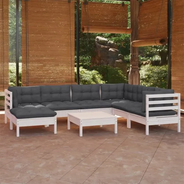 Set mobilier de grădină cu perne, 8 piese, alb, lemn masiv pin