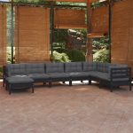 Set mobilier de grădină cu perne 8 piese negru lemn masiv pin