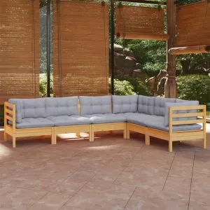 Set mobilier grădină cu perne gri, 6 piese, lemn de pin
