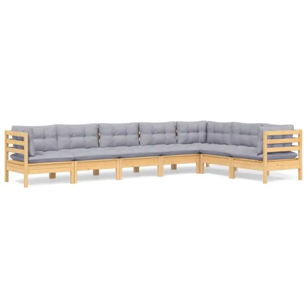 Set mobilier grădină cu perne gri, 7 piese, lemn masiv de pin