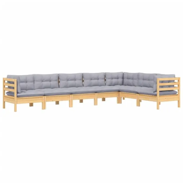 Set mobilier grădină cu perne gri, 7 piese, lemn masiv de pin