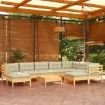 Set mobilier grădină cu perne crem, 10 piese, lemn masiv de pin