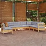 Set mobilier grădină cu perne gri, 7 piese, lemn masiv de pin