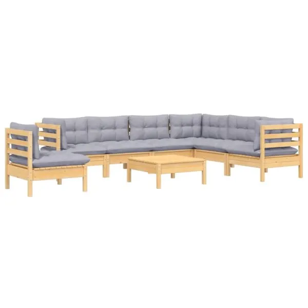 Set mobilier de grădină cu perne gri, 8 piese, lemn masiv pin