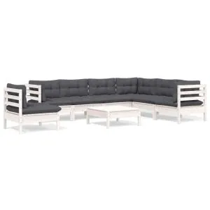 Set mobilier de grădină cu perne, 8 piese, alb, lemn masiv pin