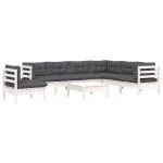 Set mobilier de grădină cu perne, 8 piese, alb, lemn masiv pin