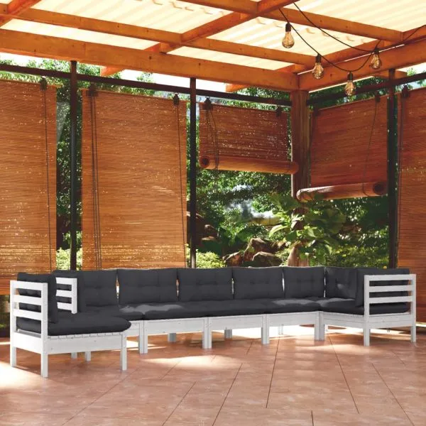 Set mobilier de grădină cu perne, 8 piese, alb, lemn masiv pin