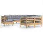Set mobilier de grădină cu perne gri, 9 piese, lemn masiv pin