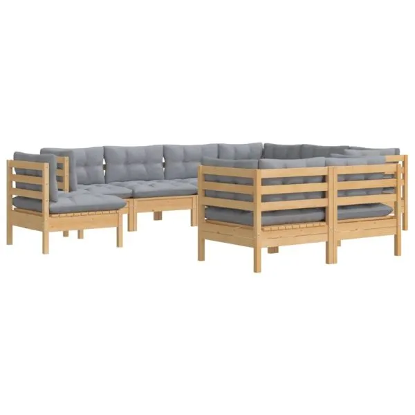 Set mobilier de grădină cu perne gri, 9 piese, lemn masiv pin