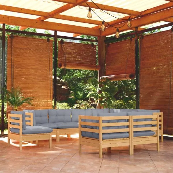 Set mobilier de grădină cu perne gri, 9 piese, lemn masiv pin