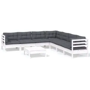 Set mobilier de grădină cu perne, 8 piese, alb, lemn masiv pin