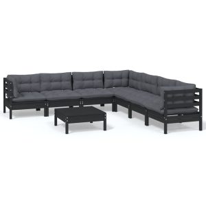 Set mobilier de grădină cu perne 8 piese negru lemn masiv pin