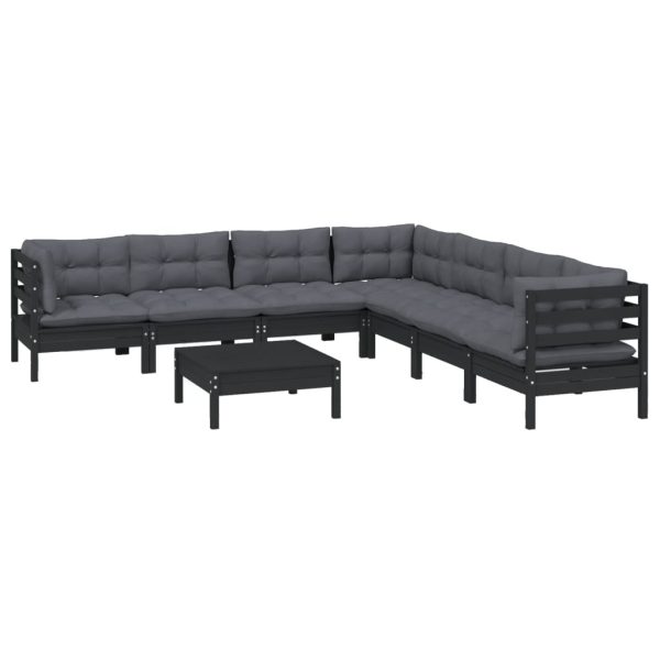 Set mobilier de grădină cu perne 8 piese negru lemn masiv pin