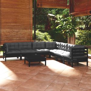 Set mobilier de grădină cu perne 8 piese negru lemn masiv pin