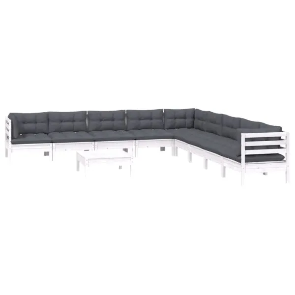 Set mobilier grădină cu perne, 10 piese, alb, lemn masiv pin