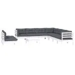 Set mobilier grădină cu perne, 10 piese, alb, lemn masiv pin